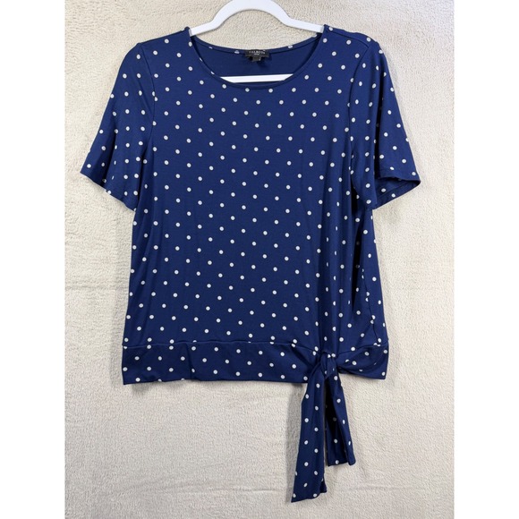 Talbots Tops - Talbots Polka Dot Top Women Petites MP Blue Short Sleeve Side Tie Soft Knit